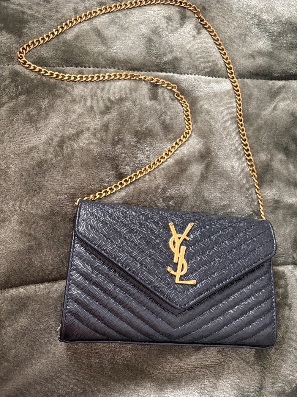 Saint Laurent Black Quilted YSL Envelope Crossbody with Gold Chain